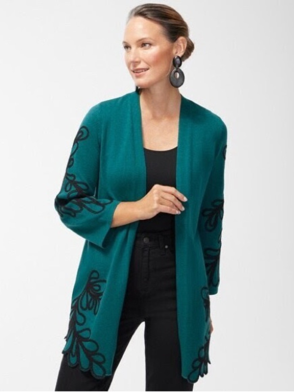 Chico's Teal Open-Front Cardigan with Black Embroidered Accents XXL